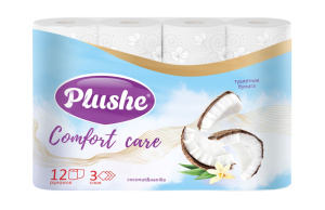 Туалетная бумага  3-х сл.  "Plushe" Comfort care  кокос и ваниль /по 15м/12рул*пач/12пач*уп/77689