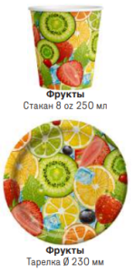Тарелка картон цветная с рисунком D=230 ламинат Фрукты (10пач/50шт/500шт*кор) ИП