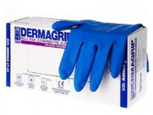 Перчатки латексные особопроч. голубые  DERMAGRIP  S (10кор/25пар)/16гр/ НДС 10 %